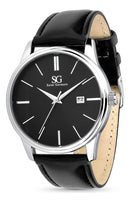 Relógio Masculino Preto Prata Saint Germain Couro 42mm Preto Prata Preto